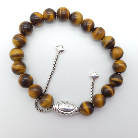 David Yurman Sterling Silver 8mm Tiger's Eye Spiritual Bead Beaded Pull Bracelet - Picture 2 of 7